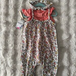 BearPaw Floral Kids Jumpsuit 3 Piece Set with Coral Top and Headband